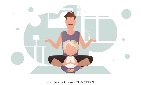 Dad and little daughter are sitting meditating in the lotus position. Meditation. Cartoon style. Vector illustration