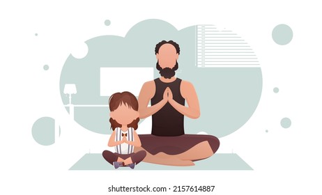 Dad and little daughter are sitting meditating. Meditation. Cartoon style. Vector illustration