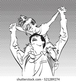 dad with little girl on his shoulders, pop art retro vector illustration, imitation of raster halftone