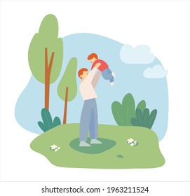 Dad and little son are having a good time in the park. flat design style minimal vector illustration.
