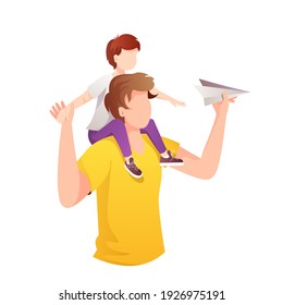 Dad and little son on his shoulders. Fatherhood, Parenthood, Childhood, Father's Day Happy family concept. Isolated vector Illustration for poster, banner, card, cover.