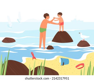 Dad and little son are relaxing on the beach. Dad holds the child standing on the cobblestone. Sea coast in summer. Seagulls sit on the cobblestones. Flat vector illustration.