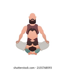 Dad with little son are sitting and doing yoga. Isolated. Cartoon style. Vector illustration