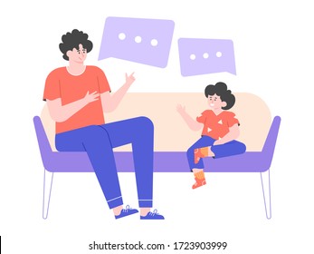 Dad and little son are sitting on the couch. Man talks to his child, teaches him, gives advice. Speech dough. Family men's evening. Vector flat illustration.