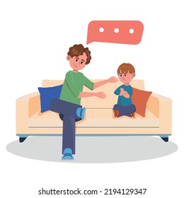 Dad And Little Son Are Sitting On The Couch. Man Talks To His Child, Teaches Him, Gives Advice. Speech Dough. Family Men's Evening. Vector Flat Illustration.