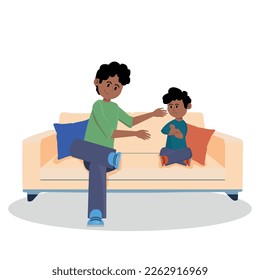 Dad and little son are sitting on the couch. Man talks to his child, teaches him, gives advice. Speech dough. Family men's evening. Vector flat illustration.