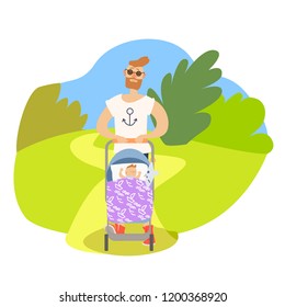 dad and little son in a stroller walking in the fall, vector illustration 