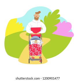 dad and little son in a stroller walking in the fall, vector illustration  spring