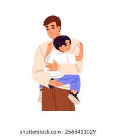 Dad loves his son, holds little boy on hands. Happy family hugs. Cute young father and kid cuddle, support. Parent and child spend time together. Flat isolated vector illustration on white background