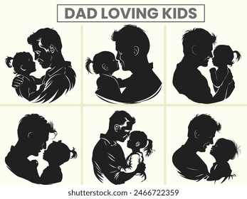 Dad Loving her kids silhouette vector set for Father's day.