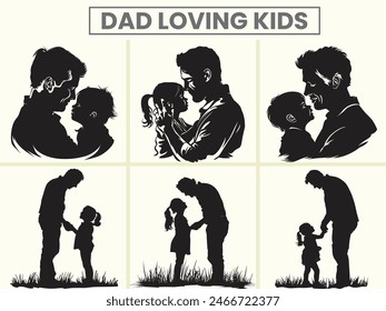 Dad Loving her kids silhouette vector set for Father's day.