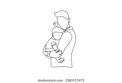 Dad lovingly hugs his little son. National Sons Day. One line drawing for different uses. Vector illustration.