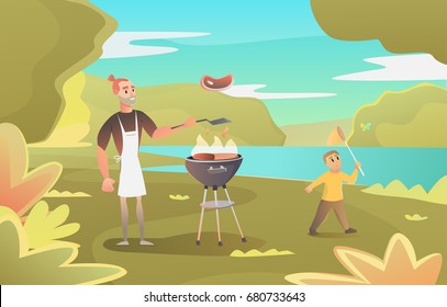 Dad makes a burger for a barbecue. Camping. Father and son in the park in the forest. BBQ summer time. The guy grills the meat on the grill