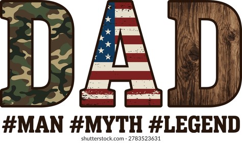 Папа Человек Миф Легенда День отца Дизайн футболки с Camo американский флаг и дерево текстуры типографии