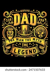 Dad The Man The myth the legend typography t shirt design, The best father's Day t-shirt design illustration, Golden colors typography t shirt design vector