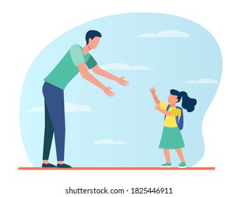 Dad meeting daughter outside. Man and girl walking to each other and reaching arms for a hug, flat vector illustration. Parent, fatherhood, family concept for banner, website design or landing web page