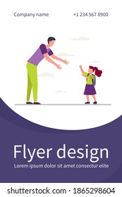 Dad Meeting Daughter Outside. Man And Girl Walking To Each Other And Reaching Hands For Hug Flat Vector Illustration. Parent, Fatherhood, Family Concept For Banner, Website Design Or Landing Web Page