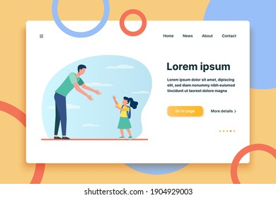 Dad meeting daughter outside. Man and girl walking to each other and reaching hands for hug flat vector illustration. Parent, fatherhood, family concept for banner, website design or landing web page