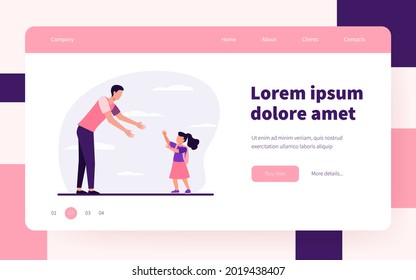 Dad meeting daughter outside. Man and girl walking to each other and reaching hands for hug flat vector illustration. Parent, fatherhood, family concept for banner, website design or landing web page