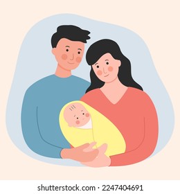 Dad, mom and baby happy family in flat design.