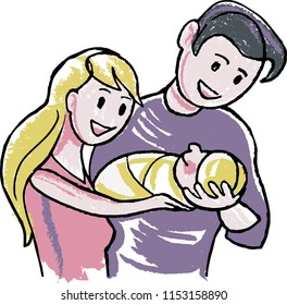 Dad, mom and baby, the newborn is wrapped in diapers, in a cap, parents admire their first-born, emotions, family, new life, love, baby