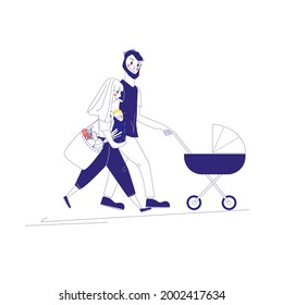 Dad and mom with a baby in a stroller and a baby in a sling. Vector illustration of people characters in flat design. Blue monochrome line art illustration