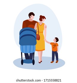 Dad, Mom, Baby And Stroller vector illustration from family collection. Flat cartoon illustration isolated on white