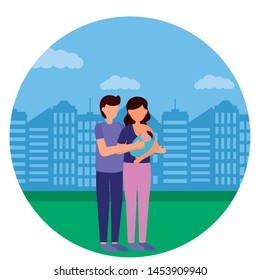 dad and mom carrying newborn city park - pregnancy and maternity vector illustration