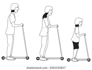 Papá, mamá y un niño están montando la moto con tope. Ilustración en blanco y negro y formato de Vector. Este no es un contenido generado por IA.