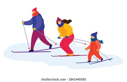 dad, mom and child are skiing together. flat color illustration