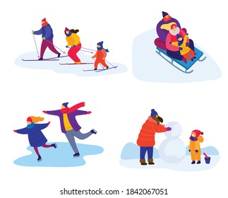 dad, mom and child spend time together in winter. set of flat color illustrations isolated on white background