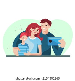 Dad, mom and child take a family selfie 