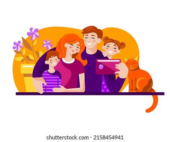 Dad, mom, children and cat take a family selfie