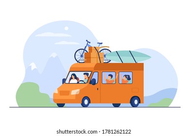 Dad, mom and children traveling in camper isolated flat vector illustration. Cartoon happy travelers with kids on road. Family trip and summer vacation concept