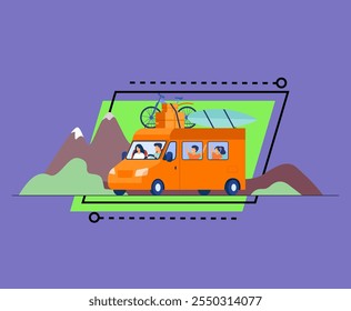 Papá, mamá y niños que viajan en la Ilustración vectorial plana aislada camper. Viajeros felices de dibujos animados con niños en la carretera. Viaje familiar y concepto de vacaciones de verano