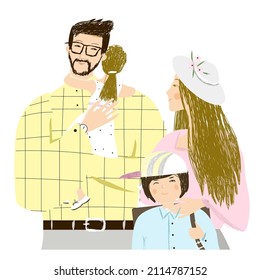 Dad and mom with children. Vector illustration with yellow and pink flowers for print design, postcards, stickers, banners, posters, websites.