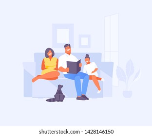 Dad, mom and daughter read a book together. Happy family moments. Vector illustration