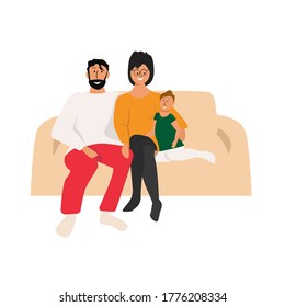 
Dad, mom and daughter are sitting on the couch and hugging each other, the family spends the weekend together, vector illustration in a flat style on a white background