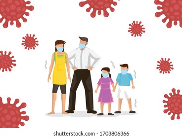 Dad Mom Daughter Son wearing protective medical mask to prevent coronavirus. Family wearing a surgical mask. Vector illustration.