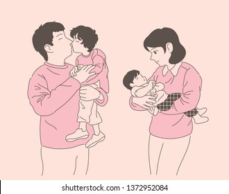 Dad and mom each have young children in their arms. Happy family concept. hand drawn style vector design illustrations. 
