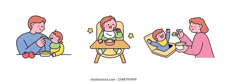 Dad and mom feeding baby food. outline simple vector illustration.