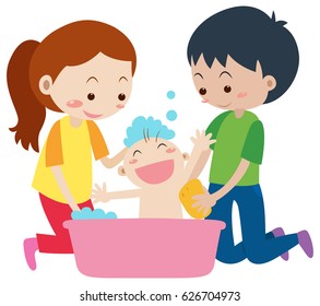 Dad And Mom Giving Bath To Baby Illustration