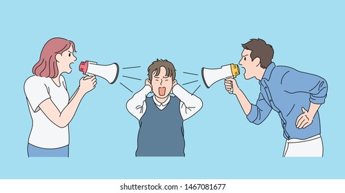 Dad and mom are holding a loudspeaker and yelling at their son, and their son is blocking his ears. hand drawn style vector design illustrations.