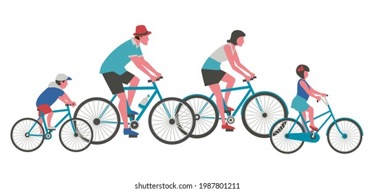 Dad, Mom, kids ride bicycle flat color vector icon. Mother, father, girl, boy cycling cartoon design element. Family active leisure activity. Parents, childs together outdoor bicycling illustration