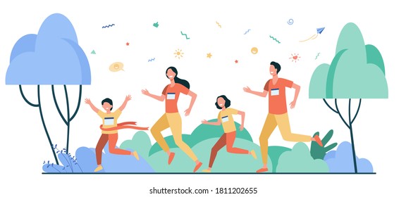 Dad, mom and kids running together in park isolated flat vector illustration. Happy cartoon man, woman and children jogging marathon. Family and healthy lifestyle concept