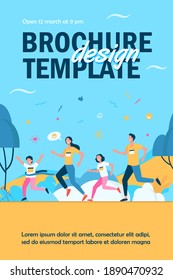 Dad, Mom And Kids Running Together In Park Isolated Flat Vector Illustration. Happy Cartoon Man, Woman And Children Jogging Marathon. Family And Healthy Lifestyle Concept