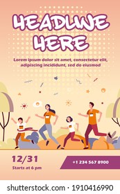 Dad, Mom And Kids Running Together In Park Isolated Flat Vector Illustration. Happy Cartoon Man, Woman And Children Jogging Marathon. Family And Healthy Lifestyle Concept