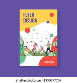 Dad, Mom And Kids Running Together In Park Isolated Flat Vector Illustration. Happy Cartoon Man, Woman And Children Jogging Marathon. Family And Healthy Lifestyle Concept