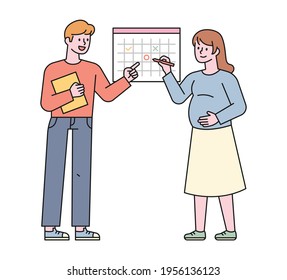 Dad and mom are marking the due date on the calendar. flat design style minimal vector illustration.