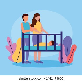 dad and mom newborn in crib pregnancy and maternity vector illustration